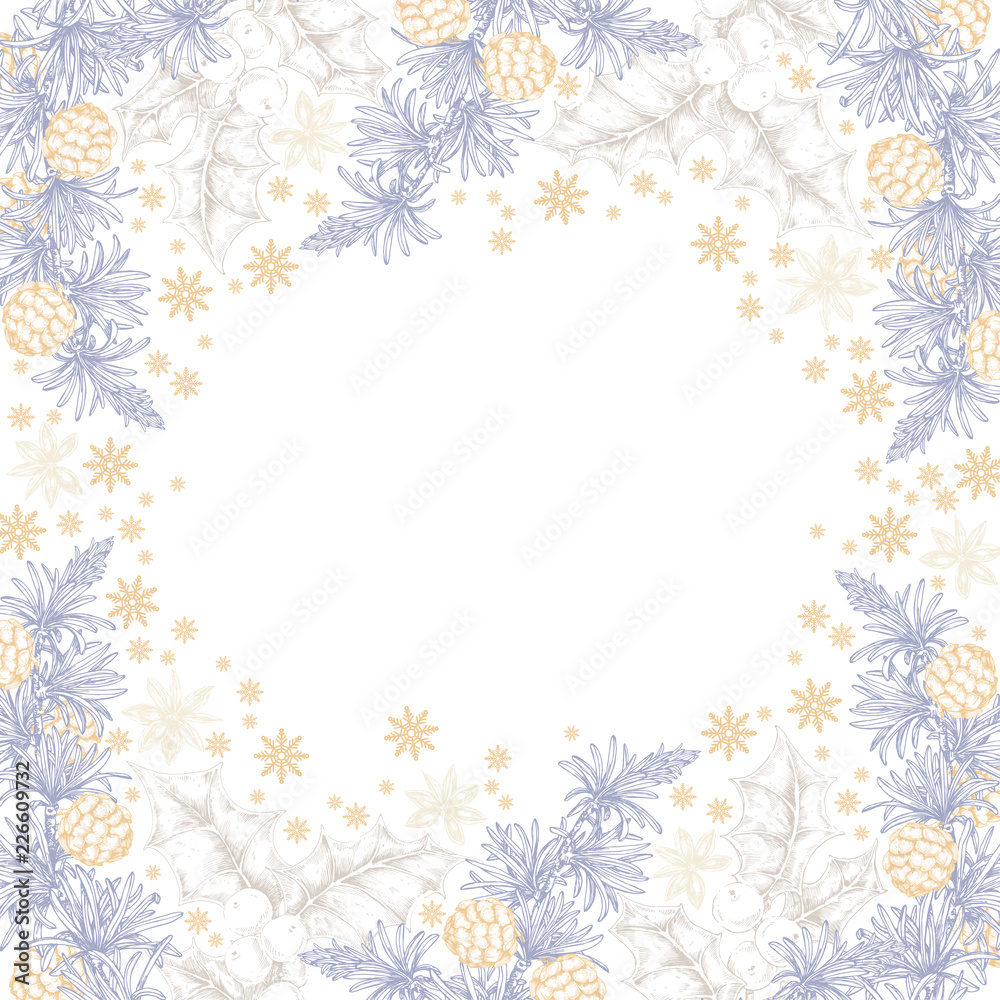 Winter botany. Christmas plants: holly, larch, cones, berries, cinnamon. Snowflakes. Template. Label. RGB Winter botany. Christmas plants: holly, larch, cones, berries, cinnamon. Snowflakes. Template. Label. RGB