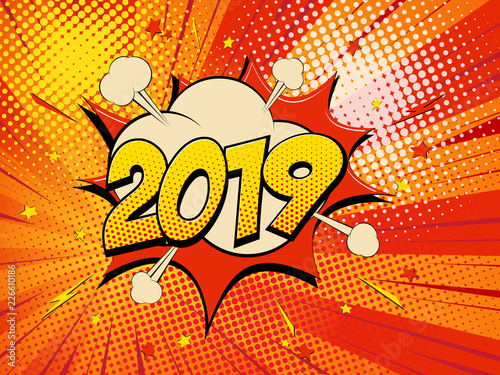 Happy New Year 2019 pop art comic background lightning blast halftone dots.