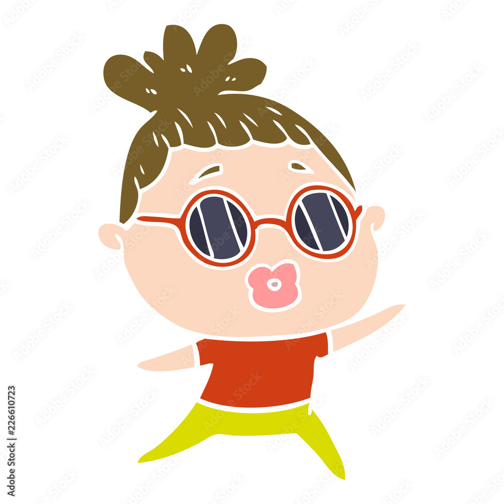 flat color style cartoon dancing woman wearing sunglasses