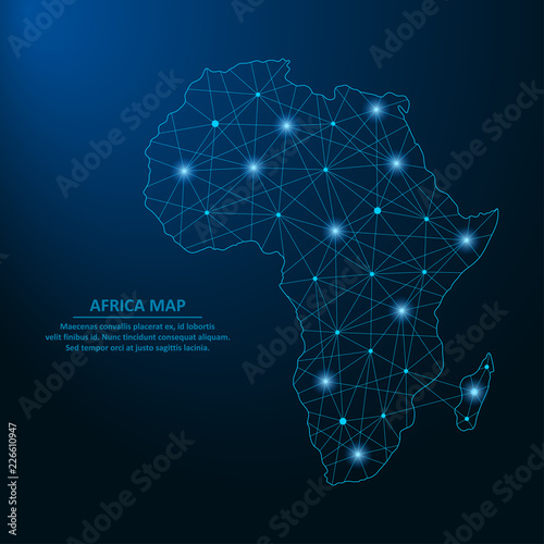 Abstract Africa map created from lines and bright points in the form of starry sky, polygonal wireframe mesh and connected lines. Low poly Africa continent. Vector illustration.