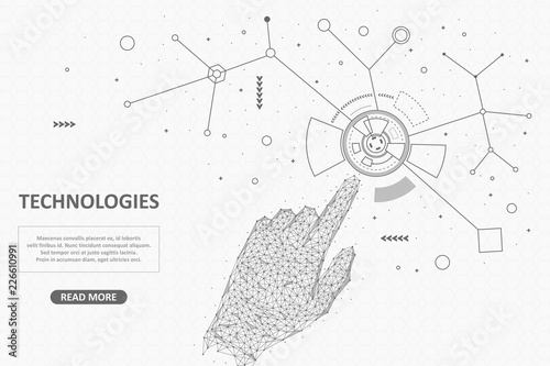 Touch the future technology. Modern technologies connecting people and computers device. Innovations automatic systems for internet users. Polygonal wireframe mesh, low poly illustration. Vector.