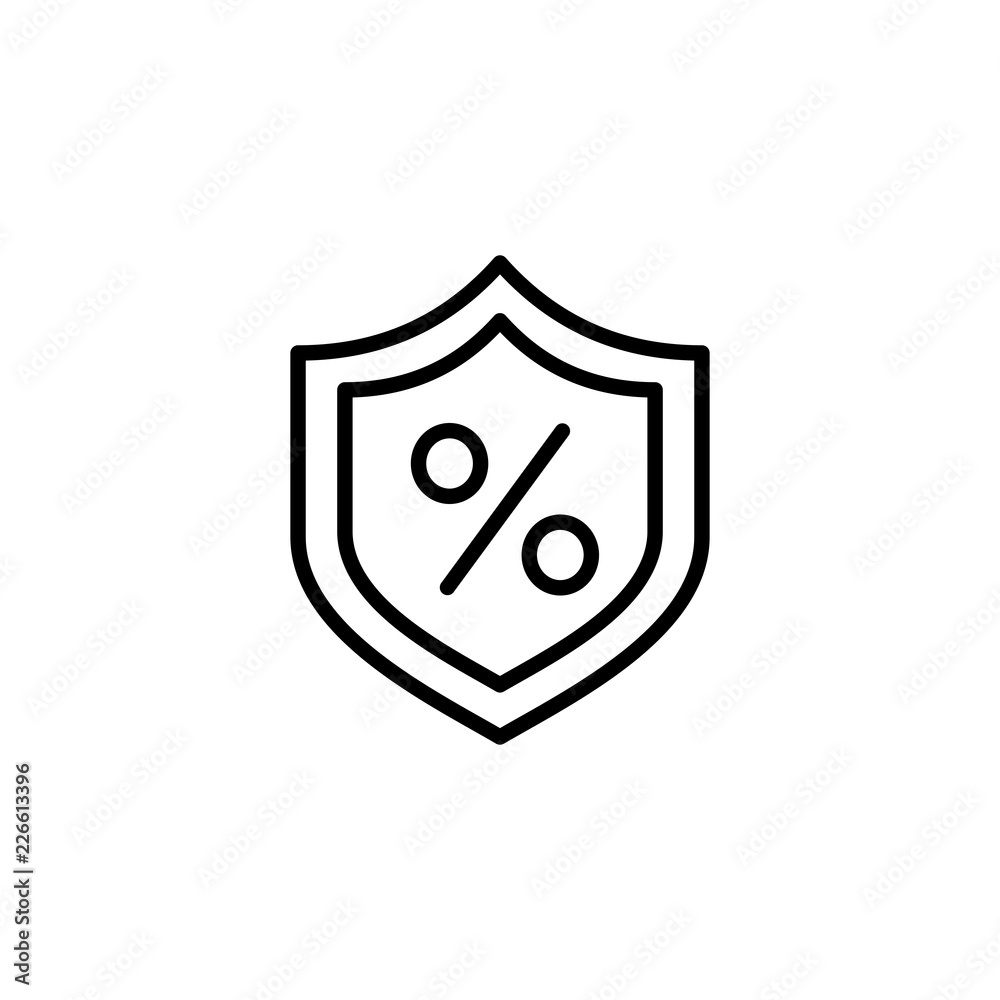 percent with shield; money profit safety concept; line outline black icon percent with shield; money profit safety concept; line outline black icon