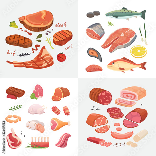 Different kind of meat food icons set vector. Raw ham, set grill chiken, piece of pork, meatloaf, whole leg, beef and sausages. Salmon fish and seafood.