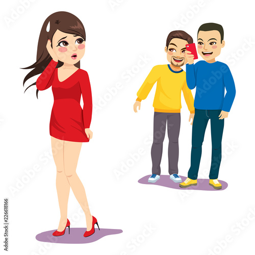 Two men stalking woman taking photos smartphone harassment concept
