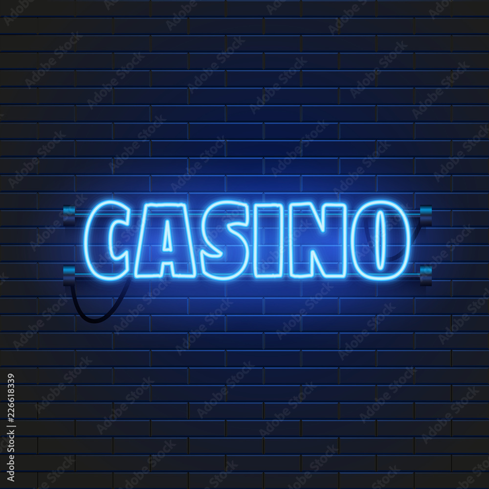 Obraz premium Neon lamp casino banner on wall background. Las Vegas consept. Vector illustration.