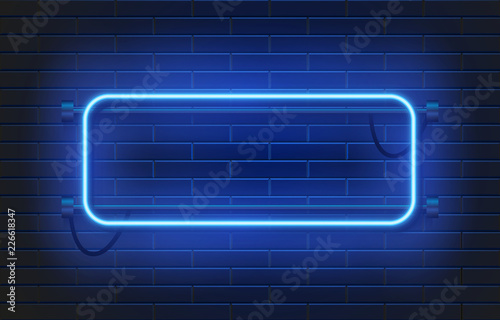 Neon lamp casino rectangel frame on brick wall background. Las Vegas concept. Vector illustration.
