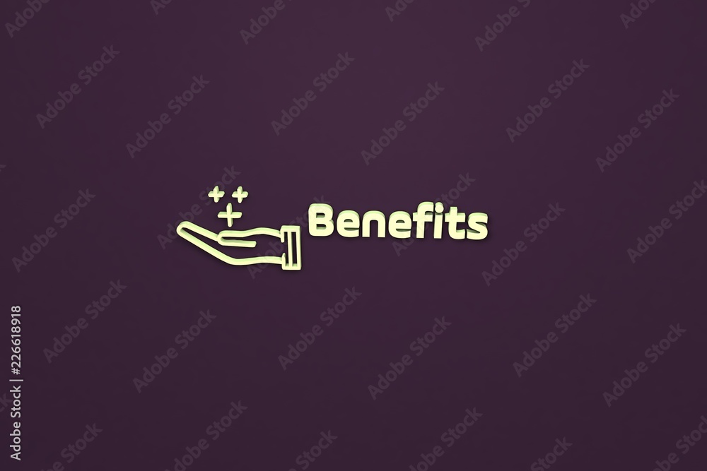 Illustration of Benefits with light-green text on violet background Illustration of Benefits with light-green text on violet background