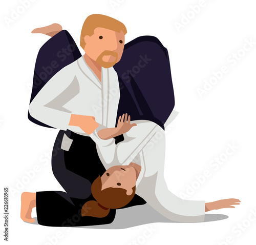 People are practicing, defending skills in hakama. Colorful vector flat illustration. Suitable for oriental martial arts such as aikido, judo, karate, jiu-jitsu, budo