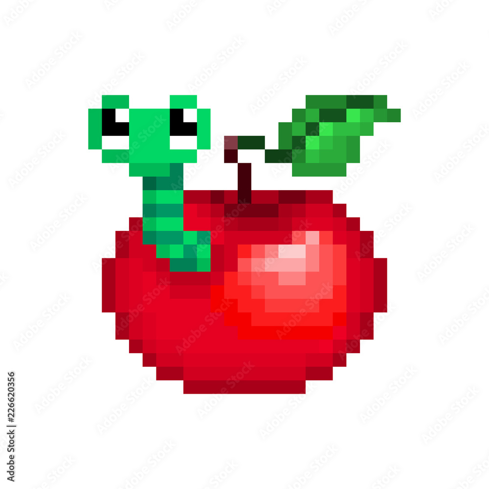 Red apple with green worm inside, pixel art illustration isolated on white background. Cute 8 bit cartoon fruit logo. Retro vintage 80s; 90s slot machine/video game graphics. Harvest pest.