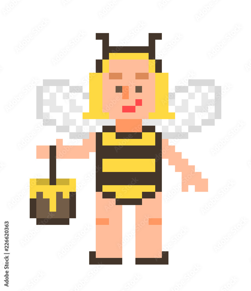 Little blonde girl in a bee costume with a pot of honey, pixel art  character isolated