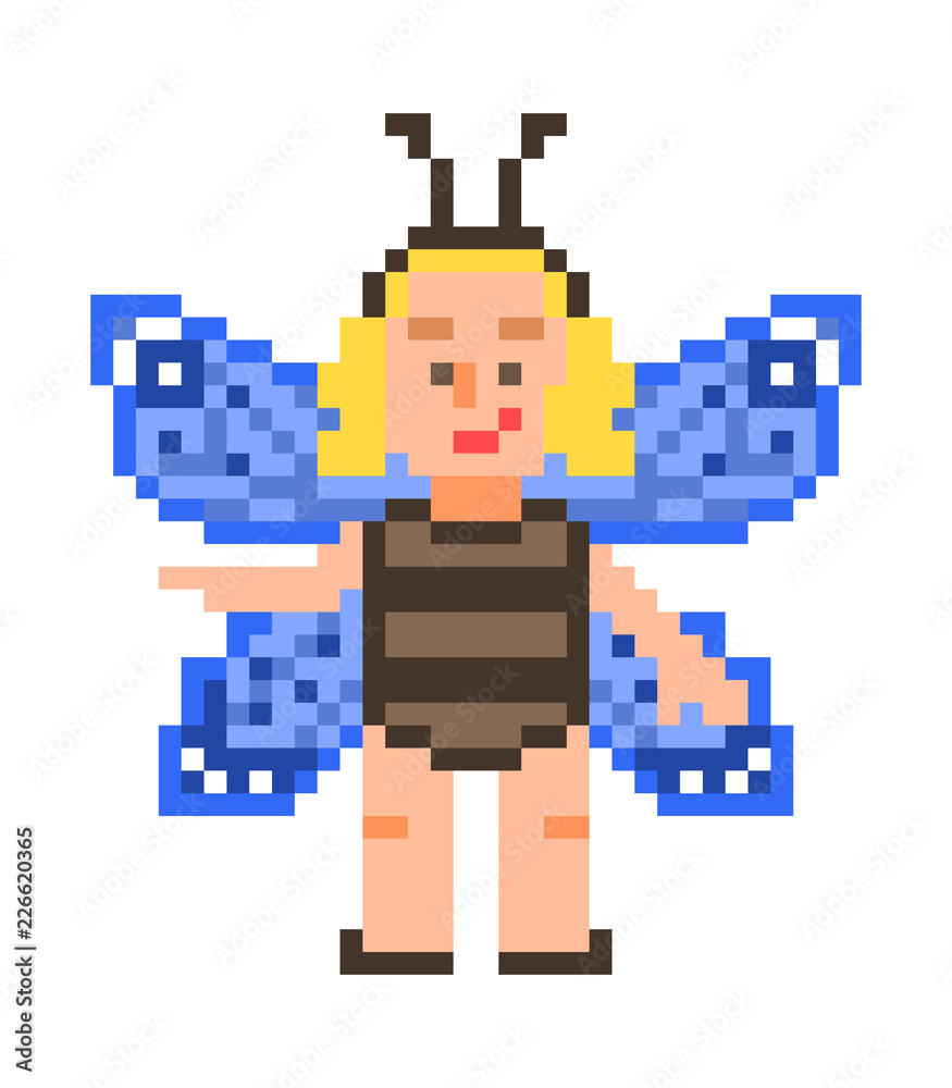 Little blonde girl in a blue butterfly costume, pixel art character  isolated on white background. Halloween dress up party personage. Fantastic  fairy of nature. 8 bit slot machine/video game graphics. Stock Vector