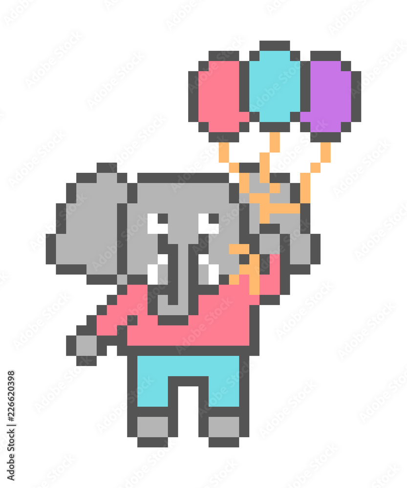 Fototapeta premium Elephant flying with 3 balloons, pixel art character isolated on white background. Animal friend with a birthday gift. Cute 8 bit cartoon logo.Retro vintage 80s; 90s slot machine/video game graphics.