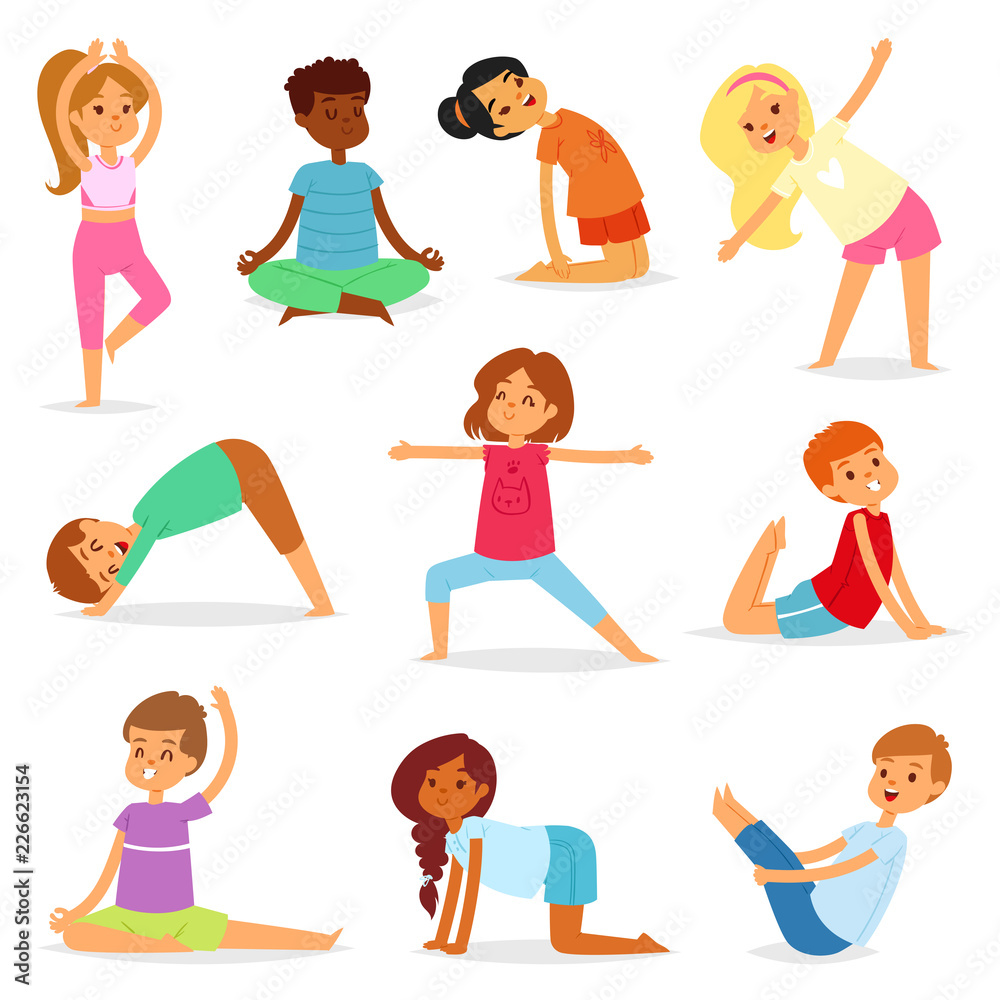 Yoga kids vector young child yogi character training sport exercise illustration healthy lifestyle set of cartoon boys and girls wellness activity of stretching meditation isolated on white background Yoga kids vector young child yogi character training sport exercise illustration healthy lifestyle set of cartoon boys and girls wellness activity of stretching meditation isolated on white background