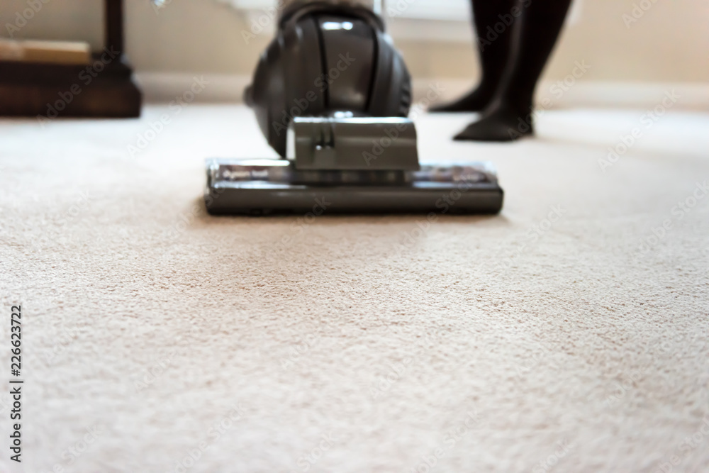 Closeup of woman, female doing cleaning at home with vacuum cleaner showing head, brush on carpet floor
