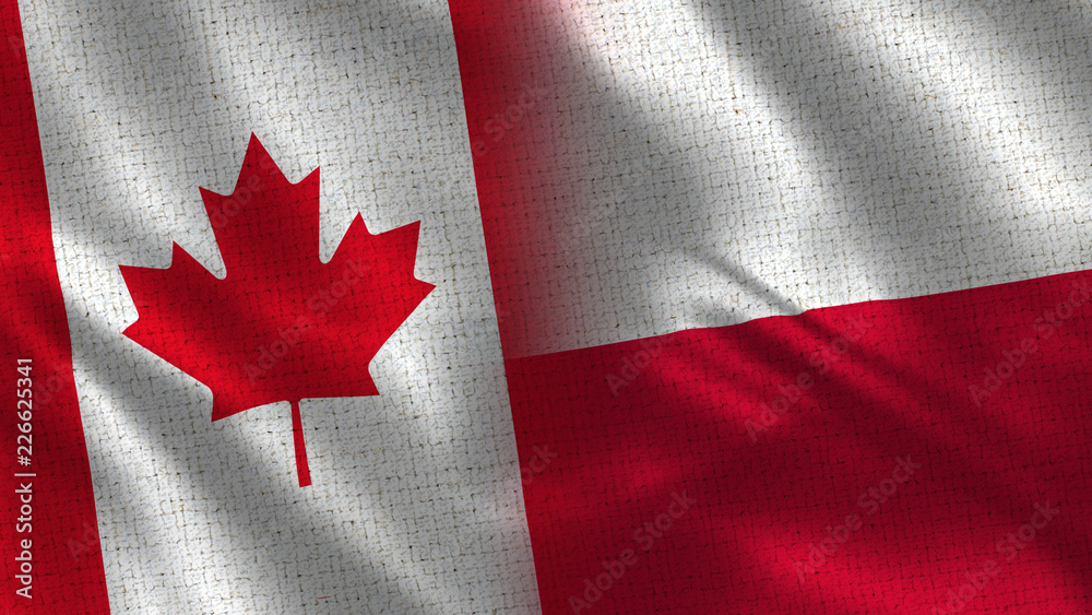 Canada and Poland - 3D illustration Two Flag Together - Fabric Texture