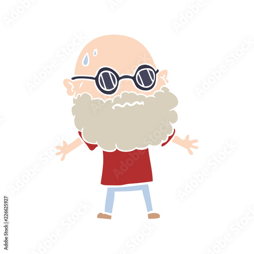 flat color style cartoon worried man with beard and sunglasses