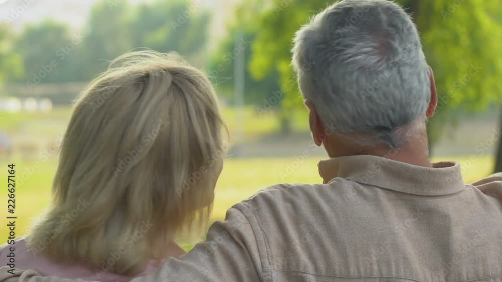 Happy old people sitting on bench in park, talking and hugging, back view Happy old people sitting on bench in park, talking and hugging, back view