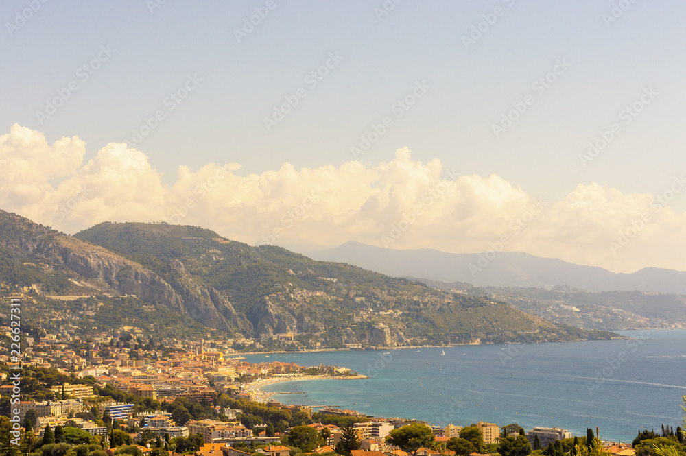 Panoramic view of the gulf of Menton in a summer day