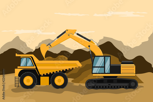 Mining truck and caterpillar backhoe doing construction and mining work