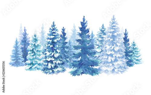 watercolor snowy forest illustration, Christmas fir trees, winter nature, conifer, holiday background, rural landscape, outdoor scene, isolated on white background