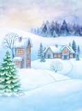 winter countryside view, Christmas village, snowy forest, rural landscape panorama, watercolor fairy tale illustration