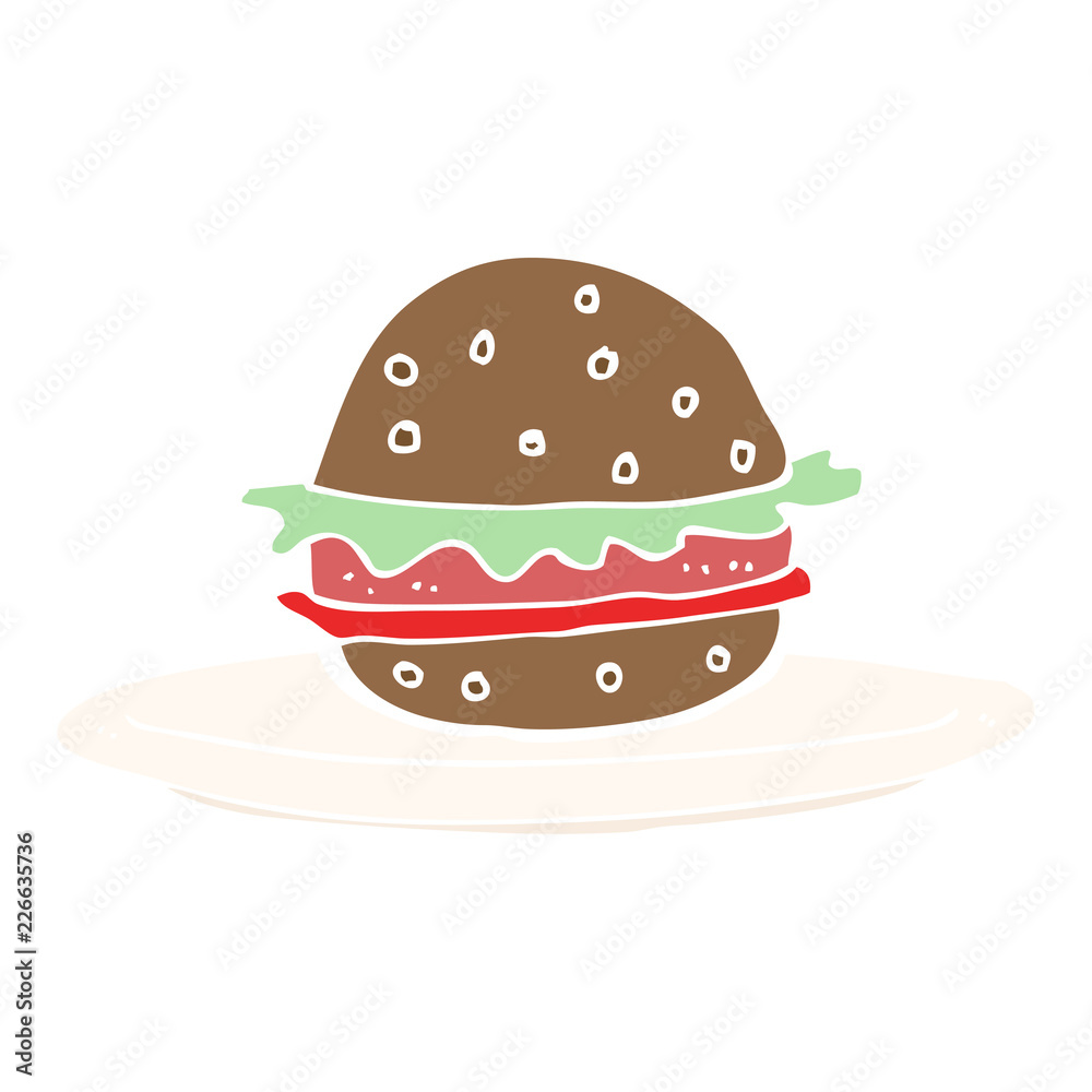 flat color illustration of a cartoon burger on plate flat color illustration of a cartoon burger on plate