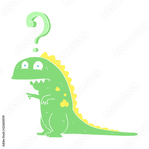 flat color illustration of a cartoon confused dinosaur