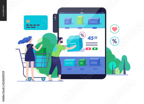 Business series, color 3 - buy online shop - modern flat vector illustration concept of man and woman shopping online Website interaction and purchasing process. Creative landing page design template
