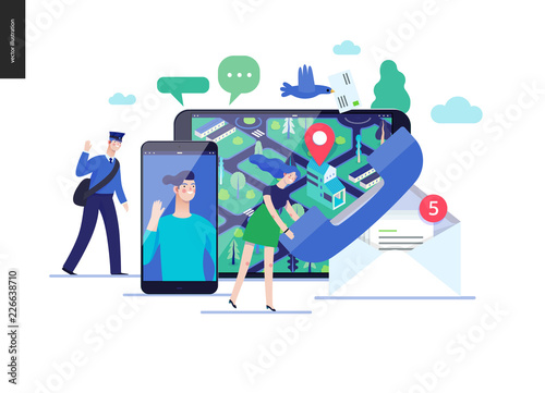 Business series, color 3 - contacts - modern flat vector illustration concept of intercommunicators. Connection ways and tools -web, phone, chat, messenger, post. Creative landing page design template