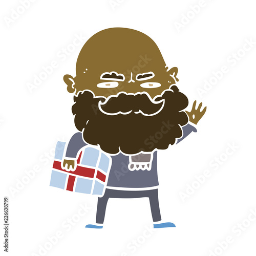 flat color style cartoon man with beard frowning with xmas gift