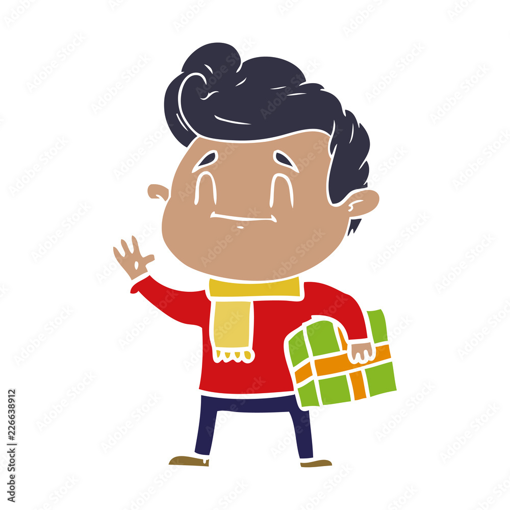 Fototapeta premium happy flat color style cartoon man with gift
