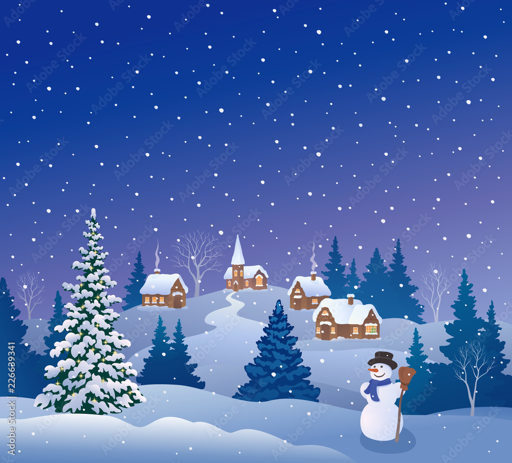 Fototapeta premium Snowy Christmas eve village and snowman