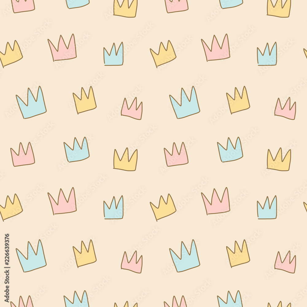 Seamless pattern of hand drawn crowns in blue, pink, yellow. Vector illustration Seamless pattern of hand drawn crowns in blue, pink, yellow. Vector illustration