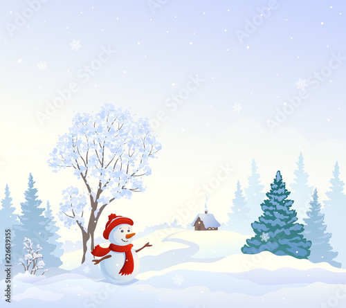 Snowy wonderland and greeting snowman