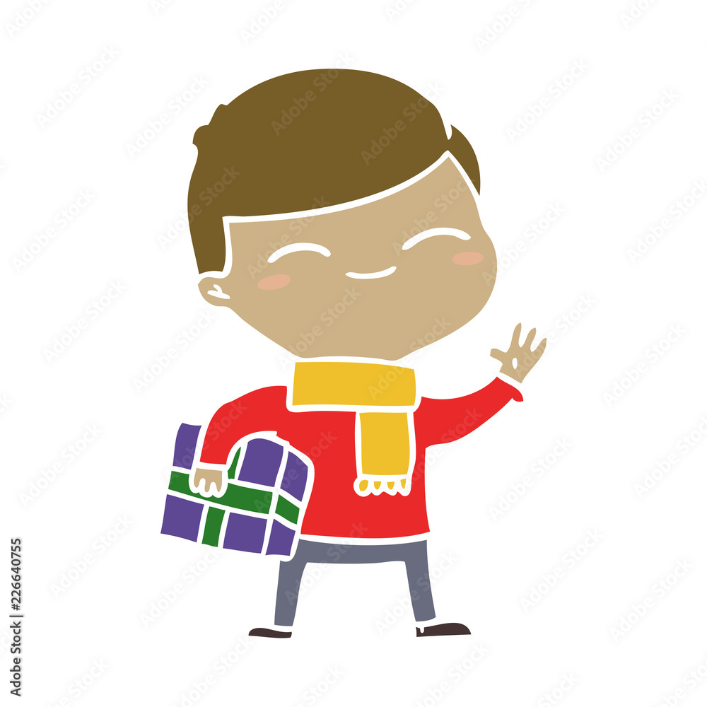 flat color style cartoon smiling boy with gift flat color style cartoon smiling boy with gift