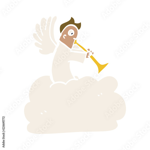 cartoon doodle angel on cloud with trumpet