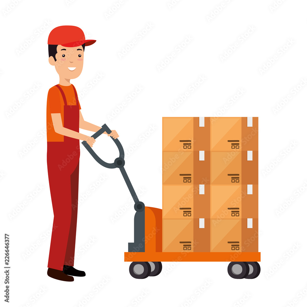 delivery worker with boxes in cart delivery worker with boxes in cart