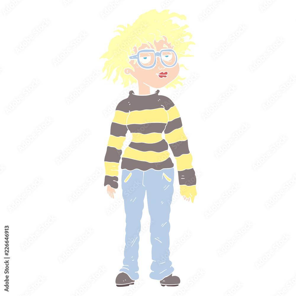flat color illustration of a cartoon geeky girl flat color illustration of a cartoon geeky girl