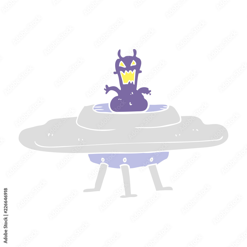 flat color illustration of a cartoon alien in flying saucer flat color illustration of a cartoon alien in flying saucer