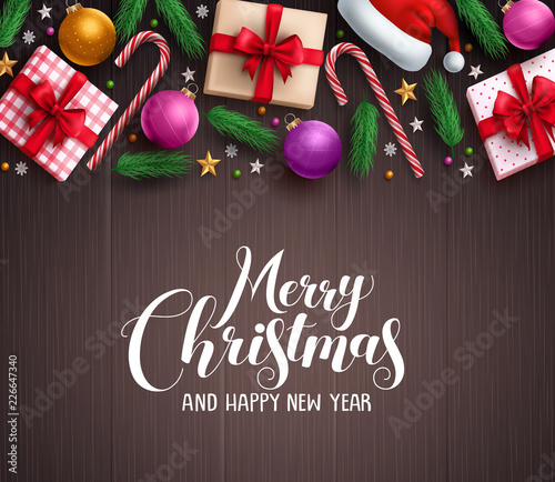 Christmas background vector template with merry christmas greeting typography, gifts and colorful elements in brown wood texture background. Vector illustration.
