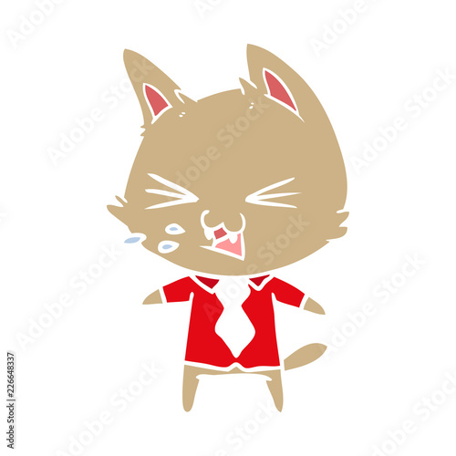 flat color style cartoon cat wearing shirt hissing