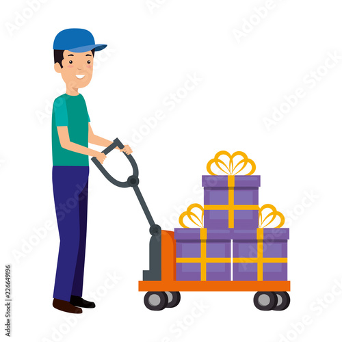 delivery worker with gifts in cart