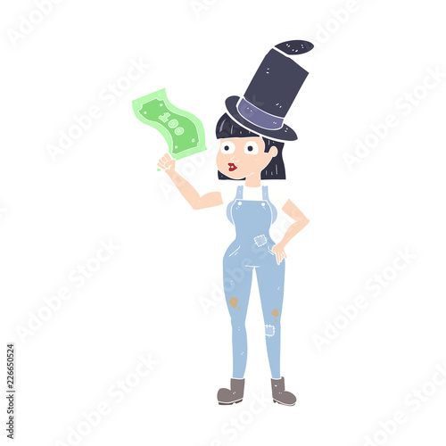 flat color illustration of a cartoon woman holding on to money