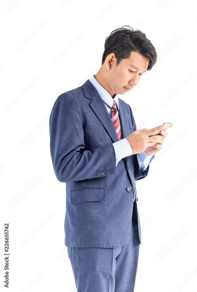 Business men portrait holding phone isolated on white Business men portrait holding phone isolated on white