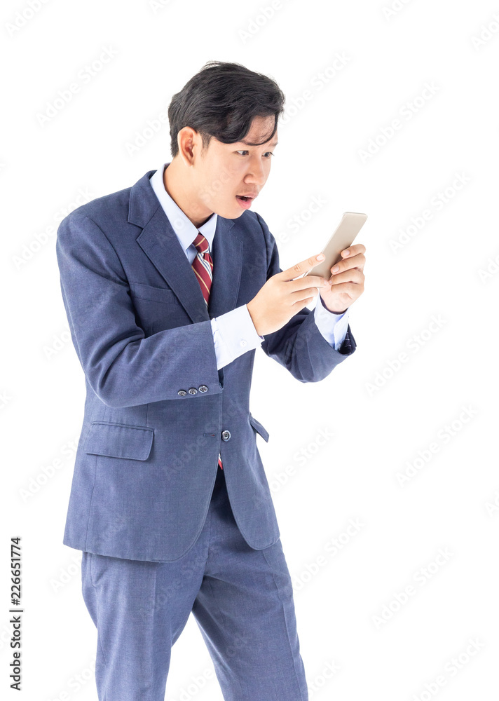 Business men portrait holding phone isolated on white Business men portrait holding phone isolated on white