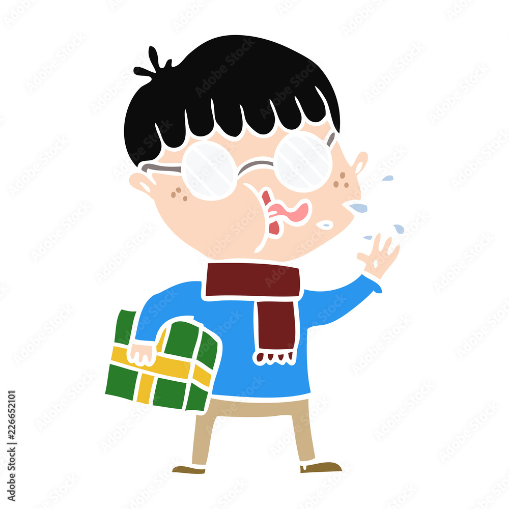 flat color style cartoon boy wearing spectacles with christmas gift flat color style cartoon boy wearing spectacles with christmas gift