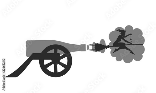 Wine bottle cannon silhouette shooting by witch on broomstick