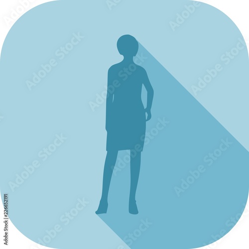 Business Woman in Short Dress. Silhouette Standing Full Length. Front View. Web icon with long shadows for application