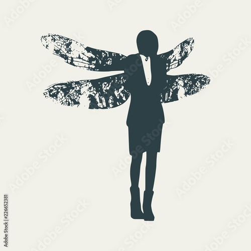 Young woman silhouette with wings of dragonfly