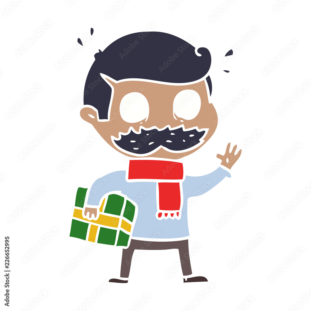 flat color style cartoon man with mustache and christmas present